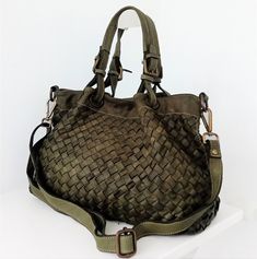 "Military Green Italian Woven Leather Tote Bag, Customizable, Soft Woven Leather Handbag, Soft Italian Leather Purse, Crossbody Bag, Elow, comes in two versions, LARGE: W 15\" x H 11.4\" x D 7.1\" & SMALL: W 13\" x H 10\" x D 6\". Handle drop: 4\" This bag has made by our italian partner and customizable by our team. We offer one free monogram or name personalization. Please check fonts, color thread, tag samples and leave your monogram or name to embroider. Features: Inside: The bag closes with Luxury Olive Bag With Detachable Strap, Luxury Olive Bag For Everyday Use, Olive Leather Travel Bag, Olive Crossbody Shoulder Bag For Everyday Use, Luxury Olive Shoulder Bag For Daily Use, Olive Bags With Leather Handles For Everyday Use, Olive Leather Shoulder Bag, Olive Crossbody Bag With Removable Pouch, Olive Tote Bag With Adjustable Strap