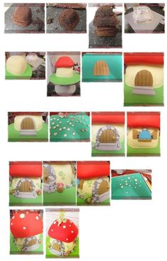 several pictures of different types of cakes and pastries in the shape of mushroom houses