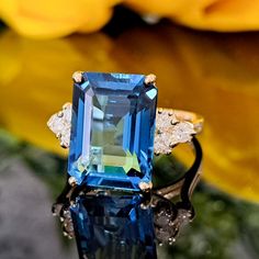 Topaz Ring * 14k Solid Gold * Natural London Blue Topaz & Diamonds * November Birthstone * Anniversary Ring * Classic Jewelry * Gift Blue Sapphire Ring With Vvs Clarity In 14k Gold, Blue Emerald Cut Topaz Ring In 14k Gold, Gia Certified Blue Topaz Diamond Ring, Blue Emerald-cut Topaz Ring In 14k Gold, Gia Certified Blue Topaz Ring With Diamond, Gia Certified Blue Gemstones For Formal Occasions, Blue Diamond Ring With Gemstone Accents, Blue 14k Gold Jewelry With Baguette Cut, Blue Baguette Cut 14k Gold Jewelry