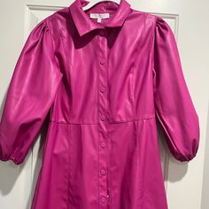 Nwt Karlie Leather Shirt Dress In Pink Fleece Like Inside Fall Collared Mini Dress For Brunch, Collared Mini Dress For Fall Brunch, Pink Short Sleeve Mini Dress For Fall, Fall Brunch Collared Mini Dress, Pink Collared Dress For Fall, Pink Knee-length Shirt Dress For Fall, Fitted Pink Shirt Dress For Fall, Leather Shirt Dress, Choker Dress