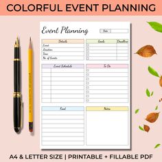 a printable event planner with leaves on it and a pen in front of it