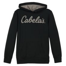 a black hooded sweatshirt with the word cabelas printed in white on the chest