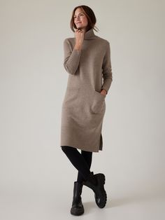 Alpine Turtleneck Sweater Dress | Athleta Dress With Tights Outfit, Winter Dresses For Work, Sweater Dress With Tights, Dresses With Tights And Boots, Cashmere Sweater Outfit, Dresses With Tennis Shoes, Sweater Dress Petite, Dress With Tights, Tights Outfits