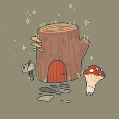 an illustration of a tree stump with a house on it