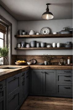 Elegant, traditional kitchen cabinets Dark Cabinets Butcher Block Counter, Dark Kitchen With White Cabinets, Grey Kitchen Wood Cabinets, Kitchen With Dark Gray Cabinets, Butcher Block Grey Cabinets, Smokey Grey Kitchen Cabinets, Dark Color Kitchen Ideas, Dark Gray And Wood Kitchen, Rustic Painted Kitchen Cabinets