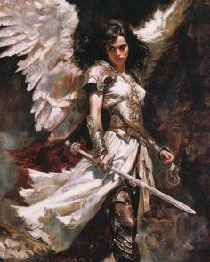 Dark Academic Art, Warrior Angel Aesthetic, Dnd Angel Character Art, Winged Character Art, Historical Art Paintings, Dark Ages Art, Dnd Photoshoot, Fallen Aasimar Female, Fantasy Angel Art