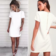 New With Tags Chest-17” Length-31.5” White A-line Dress With Back Zipper, White Mini Dress With Back Zipper For Night Out, White Mini Dress With Back Zipper For Summer, Chic White Mini Dress With Back Zipper, Chic White Dress With Back Zipper, White Dress With Back Zipper For Date Night, Elegant White Mini Dress With Side Zipper, White Dress With Back Zipper For Day Out, Casual White Dress With Back Zipper