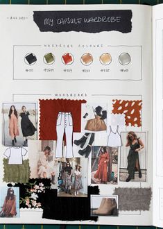 an open book with pictures and text on the pages, including clothes and other items