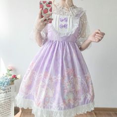 Rabbit Print Sleeveless A-Line Dress / Elbow-Sleeve Lace Topmeasurement is cm.Product Information Material: Mixed Fibre 100% Color: Long Sleeve Top - White Shifting Outfits, Kitten Dress, Apricot Dress, Unicorn Fashion, Style Kawaii, Harajuku Style, Kawaii Dress, Female Girl, Sweet Lolita