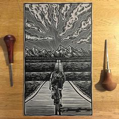 a drawing of a person riding a bike on a road