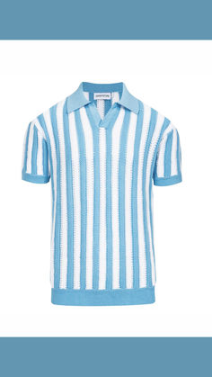 Sail into summer style with this breezy blue and white striped polo! 🌊⛵ #SummerVibes #StripeStyle #FreshLook #FashionInspo #WardrobeEssentials Knitted Shirts, Knitted Polo, Mod Style, Mod Fashion, Blue Polo, Men Vintage, Men's Knit, Blue Design, Knit Shirt