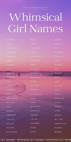 the official poster for whimsical girl names in front of an ocean sunset