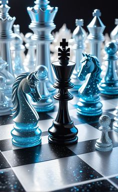 a black and white chess board with blue glass pieces on it, all in the same color