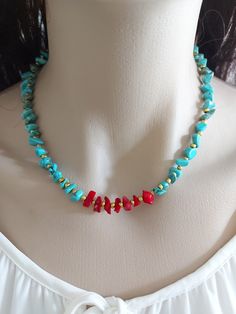 Beaded necklace is an excellent and elegant gift for your lovelies. Choker necklace is made of red coral and turquoise bead and gold plated apparatus. You can wear the turquoise necklace to a wedding party and look very special. Turquoise choker necklace is a nice Christmas gift, Valentine's Day gift, wedding gift, birthday gift, bridesmaid gift and other special day gift for her. Your summer jewelry will be put in a nice tule sachet. Elegant Beaded Turquoise Necklace Gift, Bohemian Turquoise Necklace With Tiny Beads, Turquoise Choker Necklace As A Gift, Handmade Elegant Turquoise Choker, Elegant Handmade Turquoise Choker, Gift Red Coral Gemstone Beads Necklace, Elegant Handmade Turquoise Necklace Gift, Red Coral Gemstone Beads Necklace For Gift, Elegant Handmade Turquoise Necklace For Gift