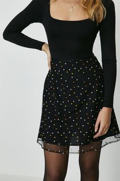 The skirt that promises to get you spotted. Featuring a rainbow of embroidered polkadots adorning a mesh layer, it comes complete with a zip fastening. Mini A Line Skirt, Black A Line Skirt Outfit, Cooler Weather Outfits, Luanna Perez, Latest Skirts, A Line Mini Skirt, Fall Capsule Wardrobe, Comfy Fashion