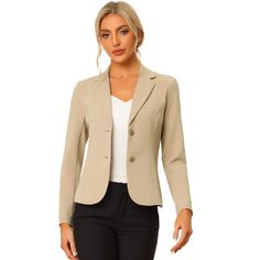 The curved hem and a fitted waist, make this formal blazer different from other blazers and add a stylish twist. Keep your work-wear wardrobe up-to-date by adding this pretty blazer. Pair it with a range of blouses and jeans, a pencil skirt, or cigarette pants, and show off your charming effortless OL style. This blazer suit jacket features a single-breasted design, a fitted waist, and regular hip-length, which make it comfortable for all-day wear. The lapel collar neckline and straight-cut cuff Khaki Blazer Outfit Women, Khaki Blazer Outfit, Church Clothes, Khaki Blazer, Spring Blazer, Mom Wardrobe, Formal Blazer, Blazer Outfits For Women, Work Blazer