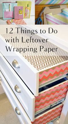 some drawers with different patterns on them and the words 12 things to do with leftover wrapping paper