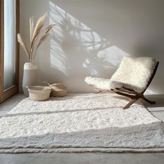 a room with a chair, rug and potted plant