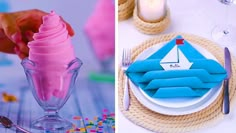 there are two pictures one is blue and the other has pink ice cream in it