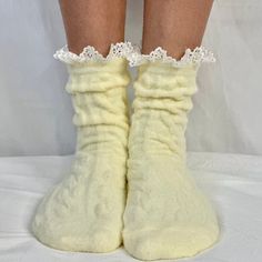 Heavenly yellow soft lace socks women's, ladies slipper socks, best quality . Photo Signature, Ivory Lace Top, Pretty Socks, Friend In Need, Cable Knit Socks, Sock Design, Ruffled Socks, Yellow Soft, Womens Socks