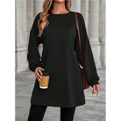 -Item Id 43620683 -Details: Pocket -Neckline: Round Neck -Sleeve Type: Drop Shoulder -Style: Casual -Type: Pullovers -Hem Shaped: Flared -Color: Black -Pattern Type: Plain -Sleeve Length: Long Sleeve -Length: Long -Fit Type: Loose -Fabric: Slight Stretch -Material: Knitted Fabric -Composition: 100% Polyester -Care Instructions: Machine Wash Or Professional Dry Clean -Temperature: Late Fall (10-17/50-63) -Lined For Added Warmth: No -Body: Unlined -Sheer: No **Open To Offers!!!** **Bundle To Save Fall Crew Neck Dress In Solid Color, Fall Crew Neck Solid Color Dress, Solid Color Crew Neck Dress For Fall, Casual Long Sleeve Mini Dress With Relaxed Fit, Black Crew Neck Mini Dress For Fall, Fall Crew Neck Dresses, Fall Crew Neck Plain Dresses, Casual Mini Sweater Dress For Work, Plain Crew Neck Fall Dresses