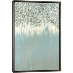 an abstract painting with white and blue colors on the bottom, in black framed canvas