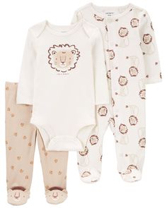 Brown Baby "Tiny & Mighty" 3-Piece Sleep and Play Set | carters.com Clothes Guide, Carters Size Chart, Brown Babies, Lion Print, Carters Baby Boys, Carters Baby, Boys Set, Baby Set, Play Set