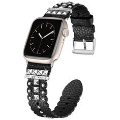 PRICES MAY VARY. 👑【Super Unique Genuine Leather Strap】: Omnillert patented punk style design for apple watch band comes with classy colors and subtle silver stud. These fancy apple watch bands for women with wavy edges make your watch looks more stylish and charming. You can wear it anywhere from school to work or to the bar. Must buy versatile watchband for your apple watch iwatch accessories ✅【High-Quality & Natural Texture】: Omnillert leather apple watch band is made of top Napa layer cowhid Trendy Black Leather Strap Apple Watch Band, Black Leather Rectangular Apple Watch Band, Black Leather Strap Apple Watch Band For Everyday Use, Adjustable Black Metal Apple Watch Band, Classy Colors, Iphone Watch Bands, Wear-resistant Black Apple Watch Band For Outdoor, Wavy Edges, Iphone Watch