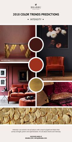 the color scheme for this living room is red, gold and brown with an assortment of furniture