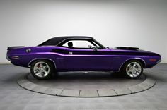 a purple muscle car parked in a showroom next to a white wall and floor