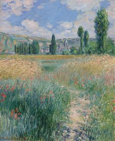 an impressionist painting of a path through a field with poppies in the foreground