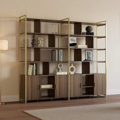 a living room with a large book shelf and lamp on the side wall next to it