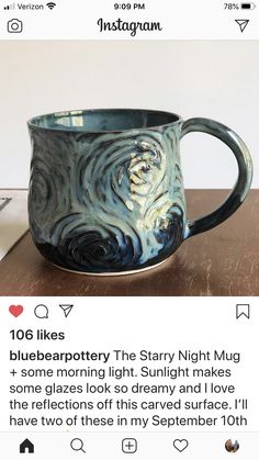 an instagramted photo of a coffee mug with blue and white swirls on it