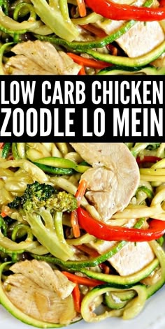 low carb chicken zoodle lo mein in a white bowl