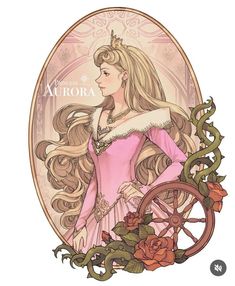 a drawing of a woman in a pink dress with long hair and a crown on her head