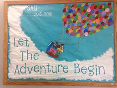 a sign that says let the adventure begin with a house on top of a hot air balloon