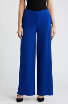 A sweeping wide leg adds casual grace to these staple pants that move from desk to dinner with ease. 31" inseam; 24 1/2" leg opening; 11" front rise; 15 1/2" back rise Zip fly with hook-and-bar closure 96% polyester, 4% elastane Dry clean Imported Blue Wide Leg Pants For Office, Blue Wide Leg Straight Pants For Office, Blue High-waisted Wide Leg Pants For Business Casual, Blue Wide-leg Pants For Office, Elegant Blue Wide Leg Pants For Work, Blue Wide Leg Bottoms For Formal Occasions, Formal Blue Wide Leg Bottoms, Elegant Blue Wide Leg Pants For Business Casual, Blue Wide Leg Pants For Business Casual