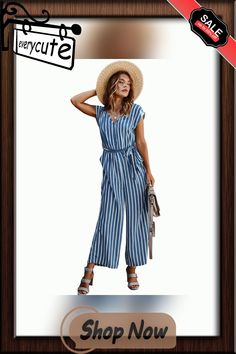 Blue Striped Tie Waist V Neck Jumpsuit Striped V-neck Jumpsuits And Rompers For Summer, Striped V-neck Jumpsuits For Vacation, Spring Striped Overall Jumpsuits And Rompers, Striped Overalls Jumpsuits For Spring, V Neck Jumpsuit, Striped Tie, Jumpsuit Romper, Jumpsuit, Rompers