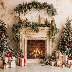 a fireplace decorated with christmas trees and presents