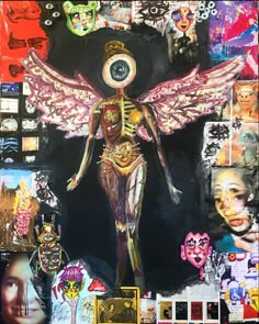 a collage of images and pictures with an angel in the center, surrounded by other art related items