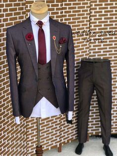 This is a Classic 3 Piece Suit by wedding wear store crafted from high quality fabric and imported materials. Our products are handcrafted by experienced tailors who make sure the that the stitching is precise, lining is proper and the overall product is sturdy enough to not go out of shape for more than a few years. Also all our products have extra margins in their length, sleeves, sides so it's easily alterable if your size changes after some time. To see more available colours and designs in Slim Fit Suiting Fabric Set For Groom, Brown Three-piece Suit For Wedding, Brown Three-piece Wedding Suit, Brown Tuxedo Suit For Wedding, Formal Brown Blazer For Wedding, Brown Wedding Tuxedo In Suiting Fabric, Brown Elegant Wedding Tuxedo, Elegant Brown Wedding Blazer, Brown Tailored Tuxedo For Wedding