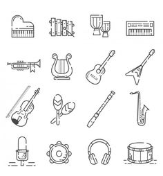 musical instruments line icon set on white background