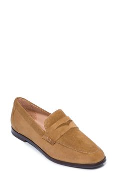 A well-cushioned footbed promises lasting comfort to this versatile leather loafer set on a slim, flexible sole. Leather upper and lining/rubber sole Imported Classic Almond Toe Flats With Suede Lining, Slip-on Suede Flats For Business Casual, Suede Almond Toe Flats For Business Casual, Classic Suede Flats With Almond Toe, Classic Suede Almond Toe Flats, Suede Loafers With Cushioned Footbed For Work, Suede Loafers For Business Casual, Classic Leather Flats With Suede Lining, Classic Flat Loafers With Suede Lining