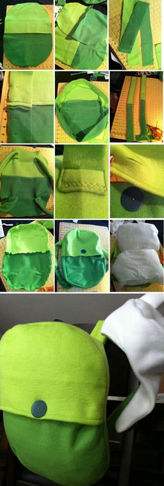 the instructions for how to sew a backpack with green and white material on it