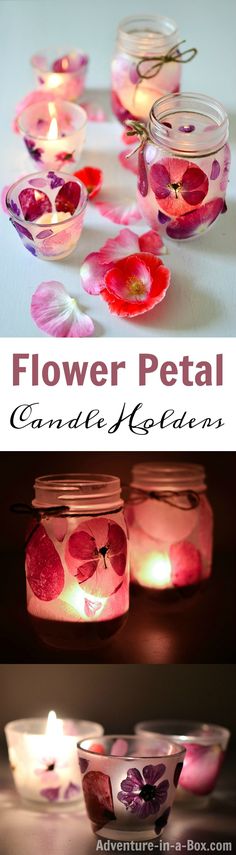 three different images of flowers in mason jars with candles inside one is pink and the other is red