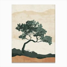 a painting of a tree with mountains in the background