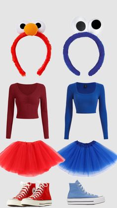 four different types of tutu skirts and shoes with sesame the cat ears on them