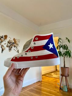 High-top canvas sneakers hand-painted with the Puerto Rican flag. All shoes are made-to-order and customizable - leave a comment in the Personalization box if you have any customization requests & I will do my best to accommodate! I use high-quality canvas shoes and acrylic paints. I prep all shoes and seal with 2 protective layers to help them last as long as possible. They should be hand cleaned and can be air or tumble-dried. SIZING: Shoes are unisex, but all sizes listed are US MEN'S sizes. Please use size chart in pictures to convert to women's sizes. Please double-check the size you select before purchasing. As all shoes are made-to-order, I cannot offer returns or exchanges due to fit issues. *Please note: Colors may vary slightly from what you see on your screen due to lighting, mo Puerto Rican Jokes, Mean Jean, Hand Painted Vans, Puerto Rican Flag, Men's High Top Sneakers, Painted Vans, Puerto Rican Pride, Puerto Rican Culture, Mens High Tops