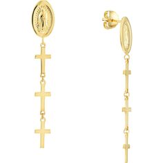 Olas d'Oro Earrings - 14K Yellow Gold Virgin Mary and Cross Drop Trio Earrings Timeless Oval Tarnish Resistant Earrings, Timeless Oval Tarnish-resistant Earrings, Yellow Gold Dangle Plug Earrings For Formal Events, White Gold Oval Earrings Tarnish Resistant, Oval White Gold Earrings Tarnish Resistant, Oval White Gold Tarnish-resistant Earrings, Timeless Dangle Earrings With Polished Finish, Luxury 14k Gold Linear Earrings As A Gift, Timeless Yellow Gold Drop Earrings