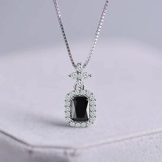 Vintage Dark Gemstone and Cross Necklace With Simulated Diamonds Cubic Zirconia 925 Sterling Silver - Mounteen Formal Cubic Zirconia Necklace With Square Pendant, Timeless Silver Cubic Zirconia Necklaces, Classic Crystal Necklace With Gemstone, Classic Crystal Gemstone Necklaces, Classic Crystal Gemstone Necklace, Elegant Cubic Zirconia Square Pendant Necklace, Elegant Crystal Necklaces With Gemstones, Timeless Crystal Jewelry As A Gift, Timeless Crystal Jewelry For Gifts